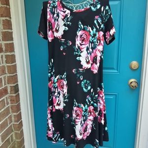 Boho Black Dress Short Sleeve Mini Flowy Flirty Pink Flowers Stretch Rayon L